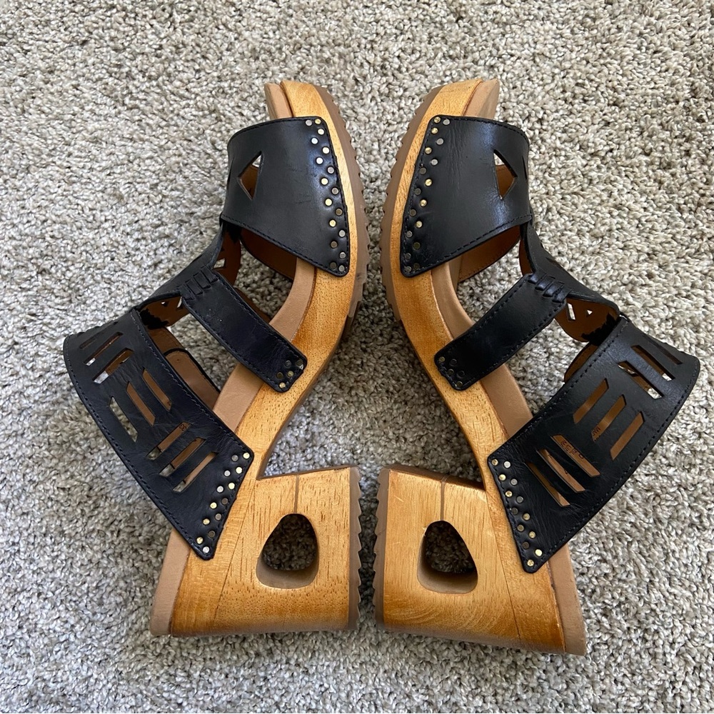 Dansko Black Leather Cutout Studded Wooden Heel Sandals - Picture 3 of 10